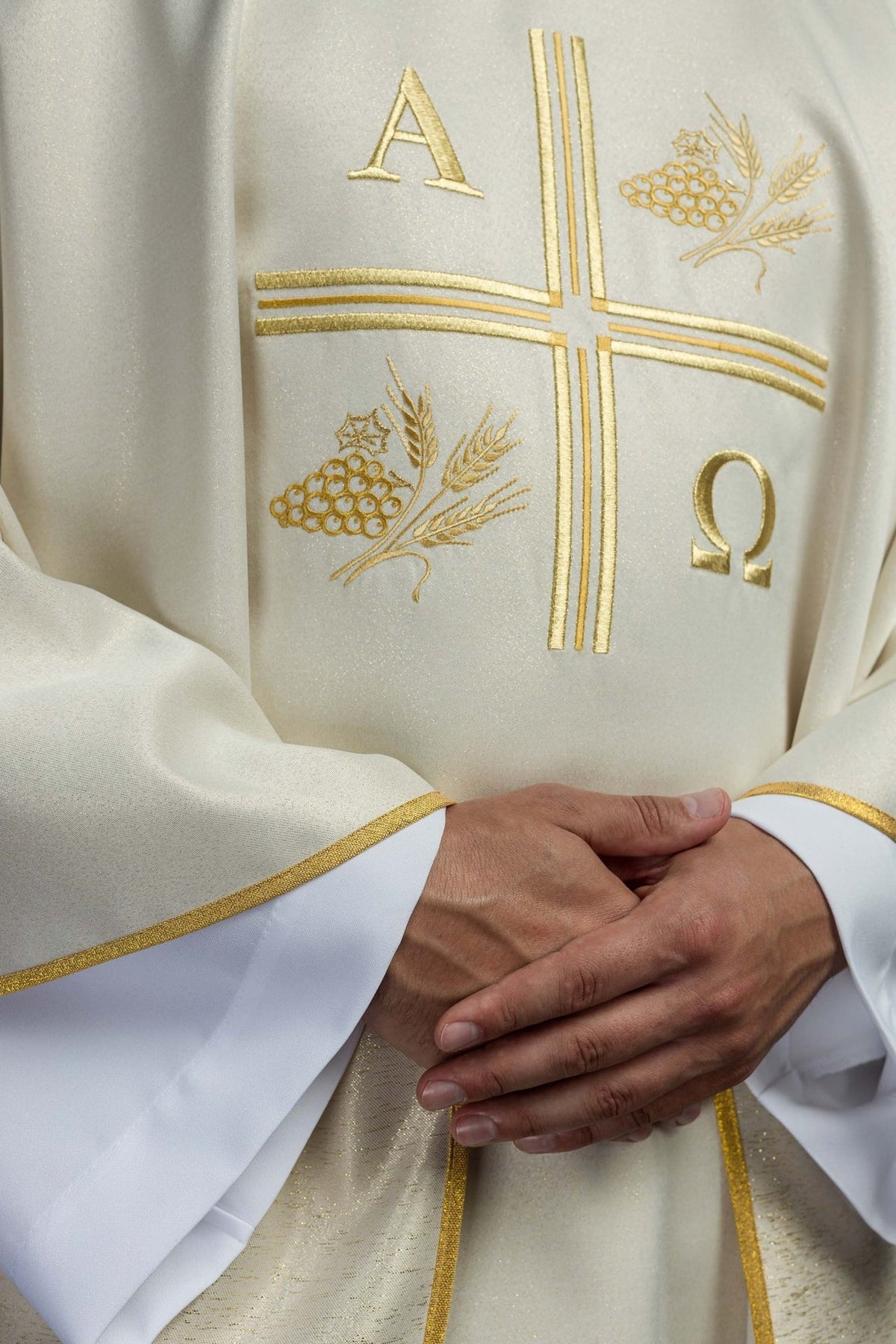 Ecru chasuble front detail with gold embroidery and wheat motifs