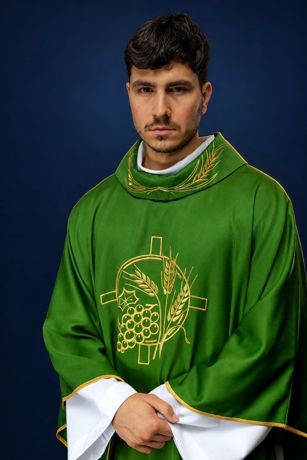 Green Chasuble with an Embroidered Cross and Wheat Motifs, front worn view