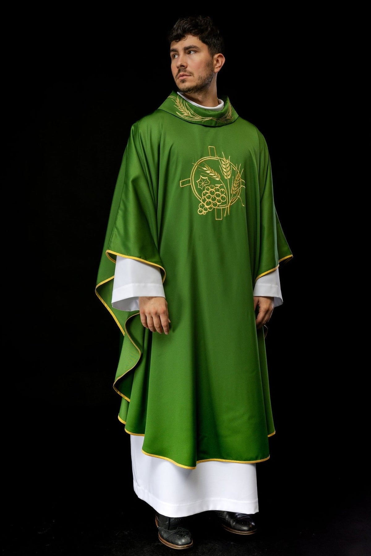 Green chasuble, full front view with gold embroidered cross, wheat and grape motifs