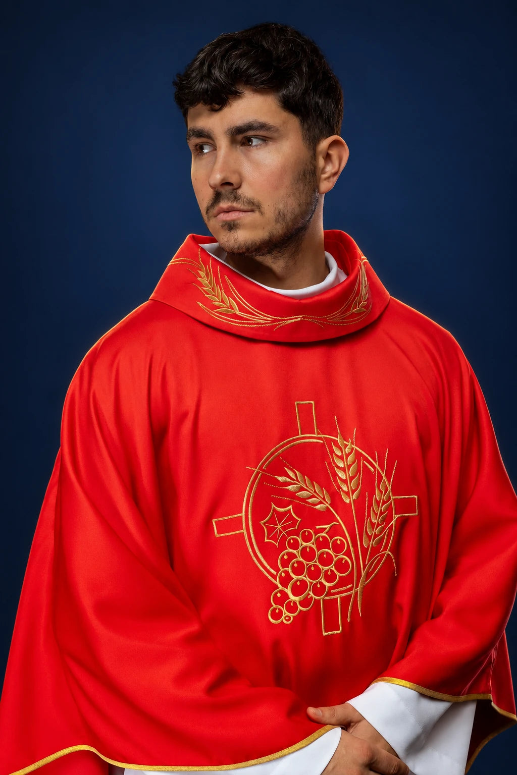 Red Chasuble with an Embroidered Cross and Wheat Motifs, front view with gold embroidery
