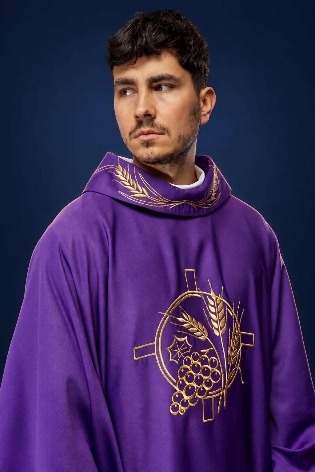 Purple Chasuble with Embroidered Cross and Wheat Motifs, front view with gold embroidery