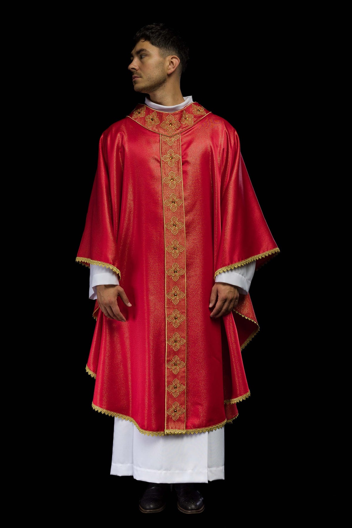 Red chasuble full front view with gold cross embroidery and trimmed edges