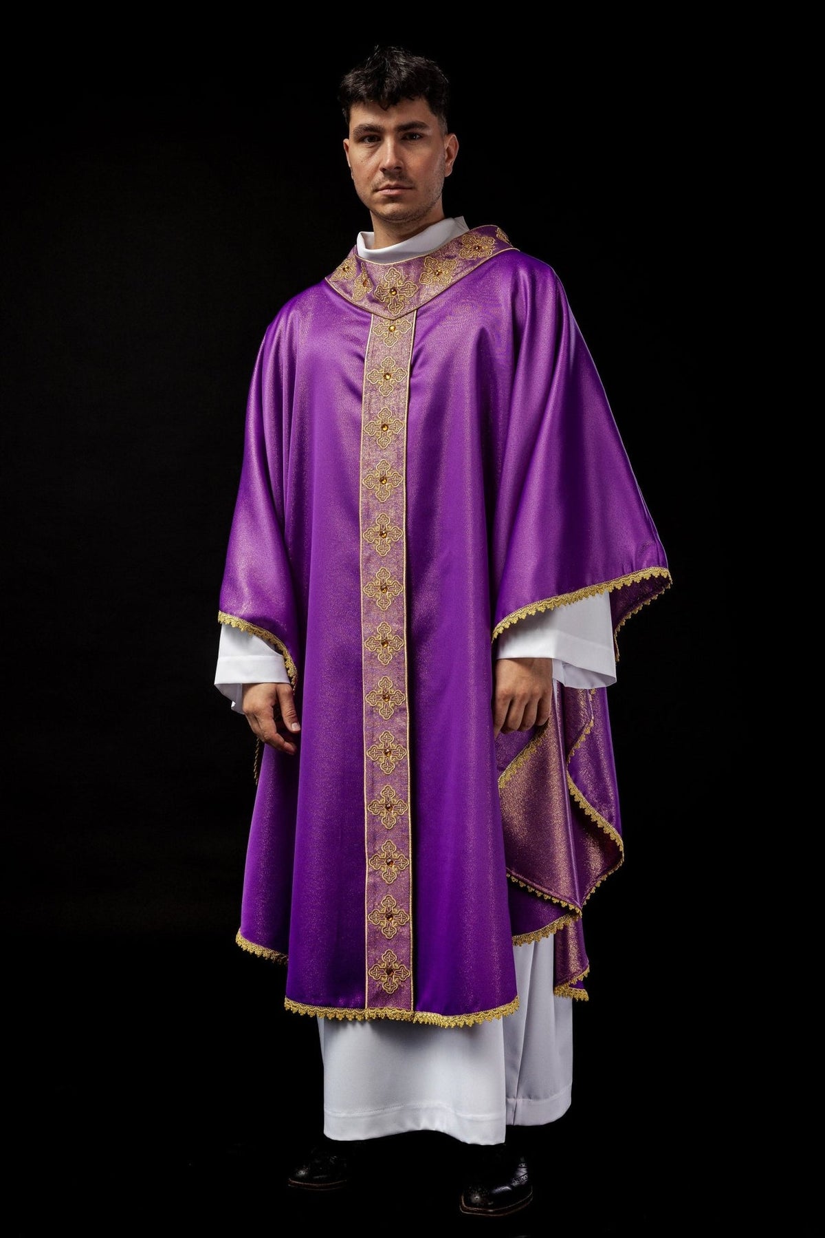 Purple chasuble full front view with gold cross embroidery and orphrey
