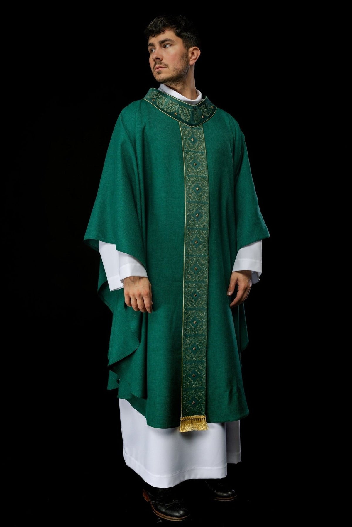 Green chasuble front view with embroidered gold orphrey and stand-up collar