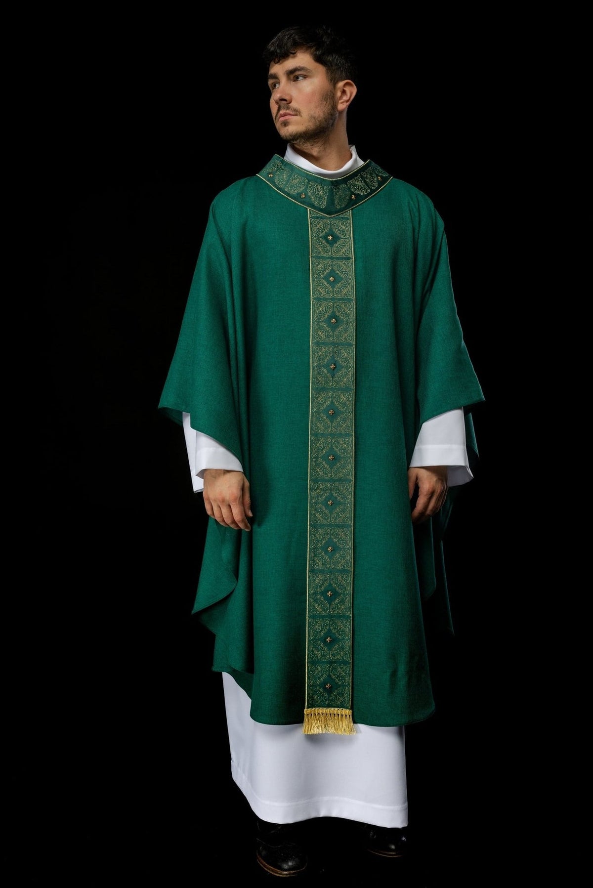 Green chasuble full front view with embroidered gold orphrey