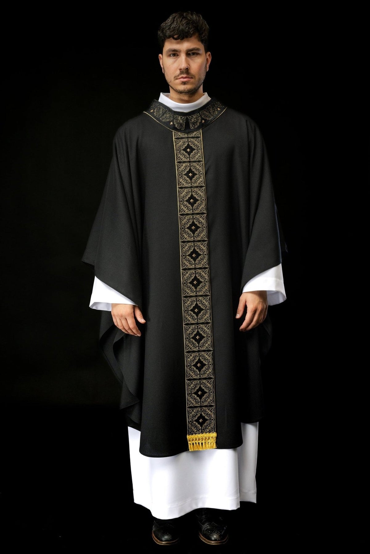 Black chasuble front view with gold embroidered orphrey and stand-up collar