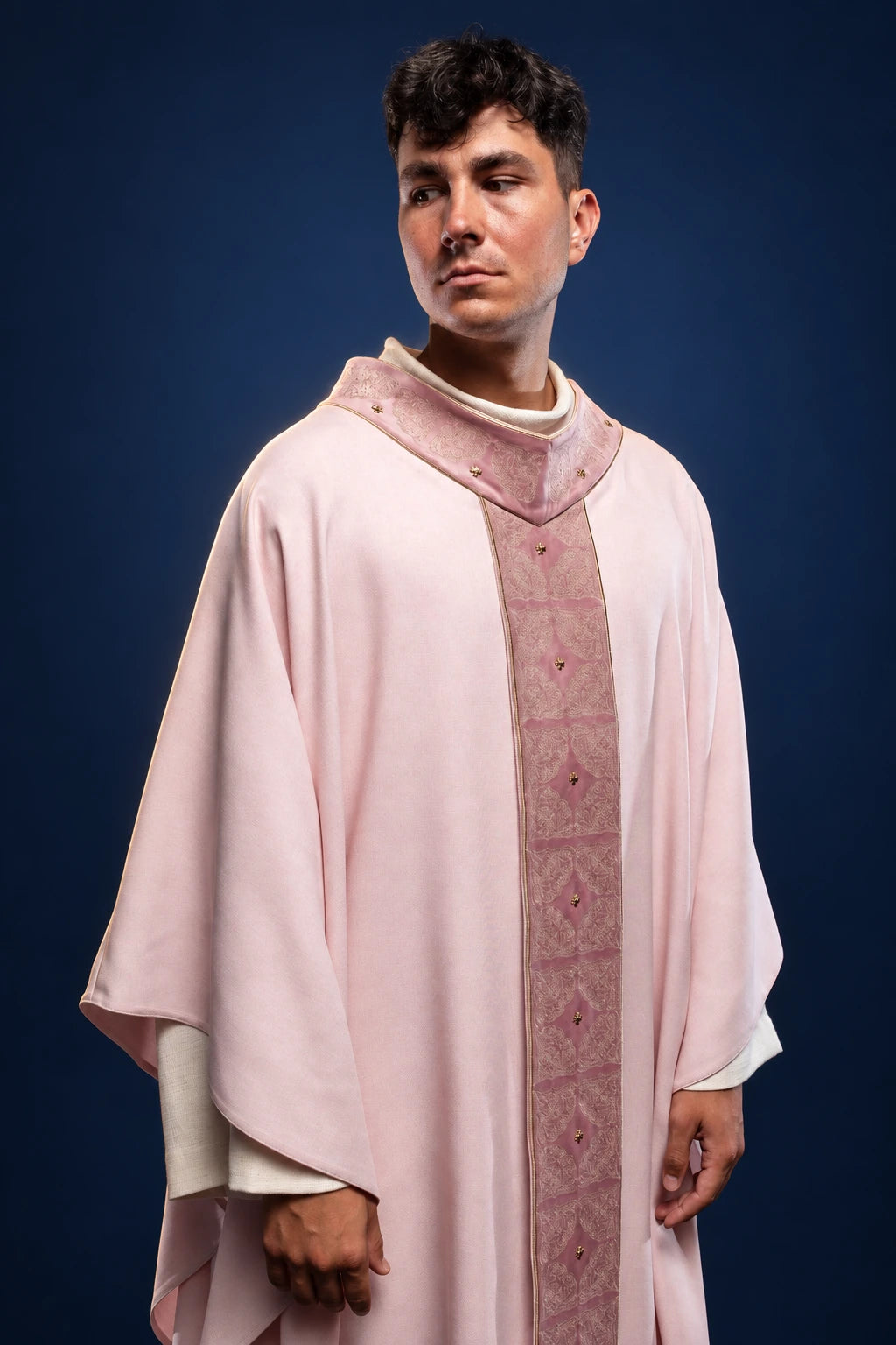 Rose Chasuble with Richly Embroidered Orphrey and Collar, front view in rose with gold embroidery