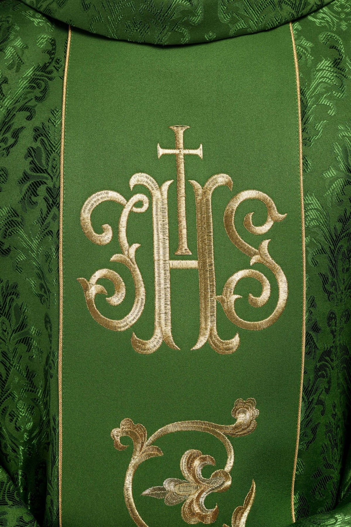 Green chasuble front close-up with gold IHS orphrey embroidery