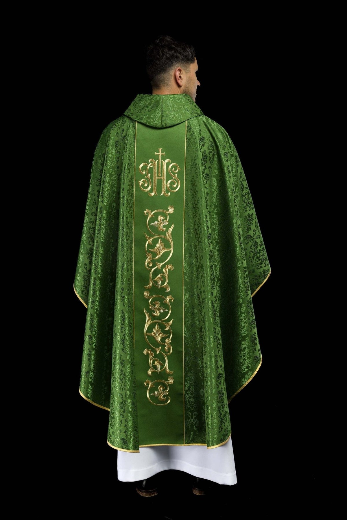 Green chasuble full back view with gold IHS orphrey embroidery