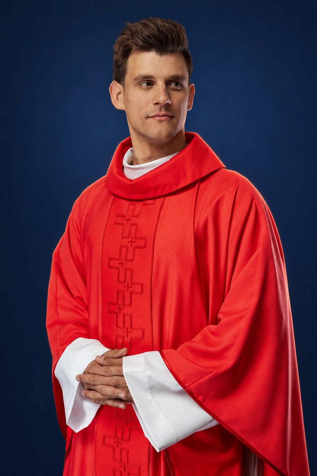 Catholic Chasuble with Cross-Embroidered Orphrey, 53 in (135 cm), red front view