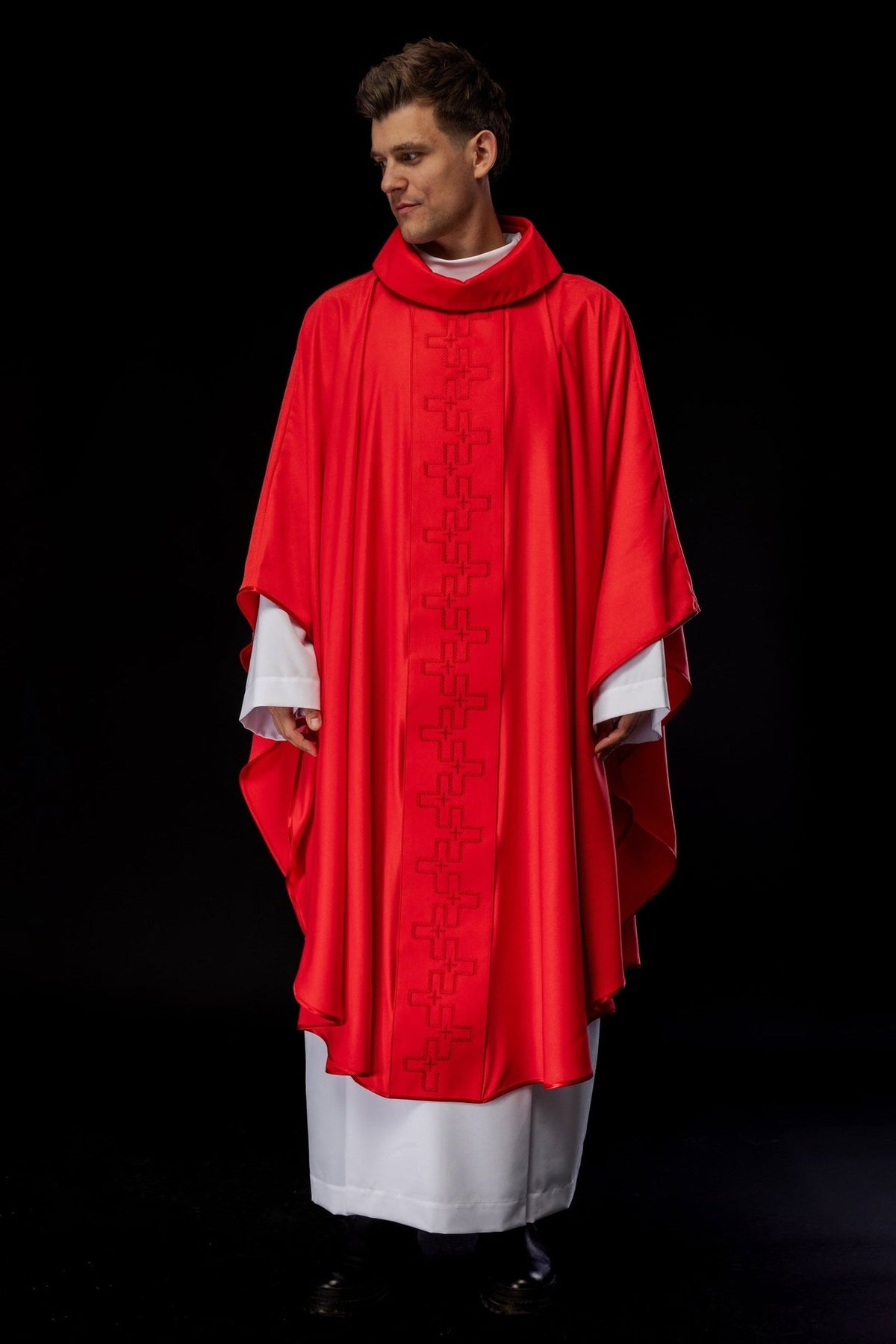 Red chasuble front view with cross embroidery on the orphrey