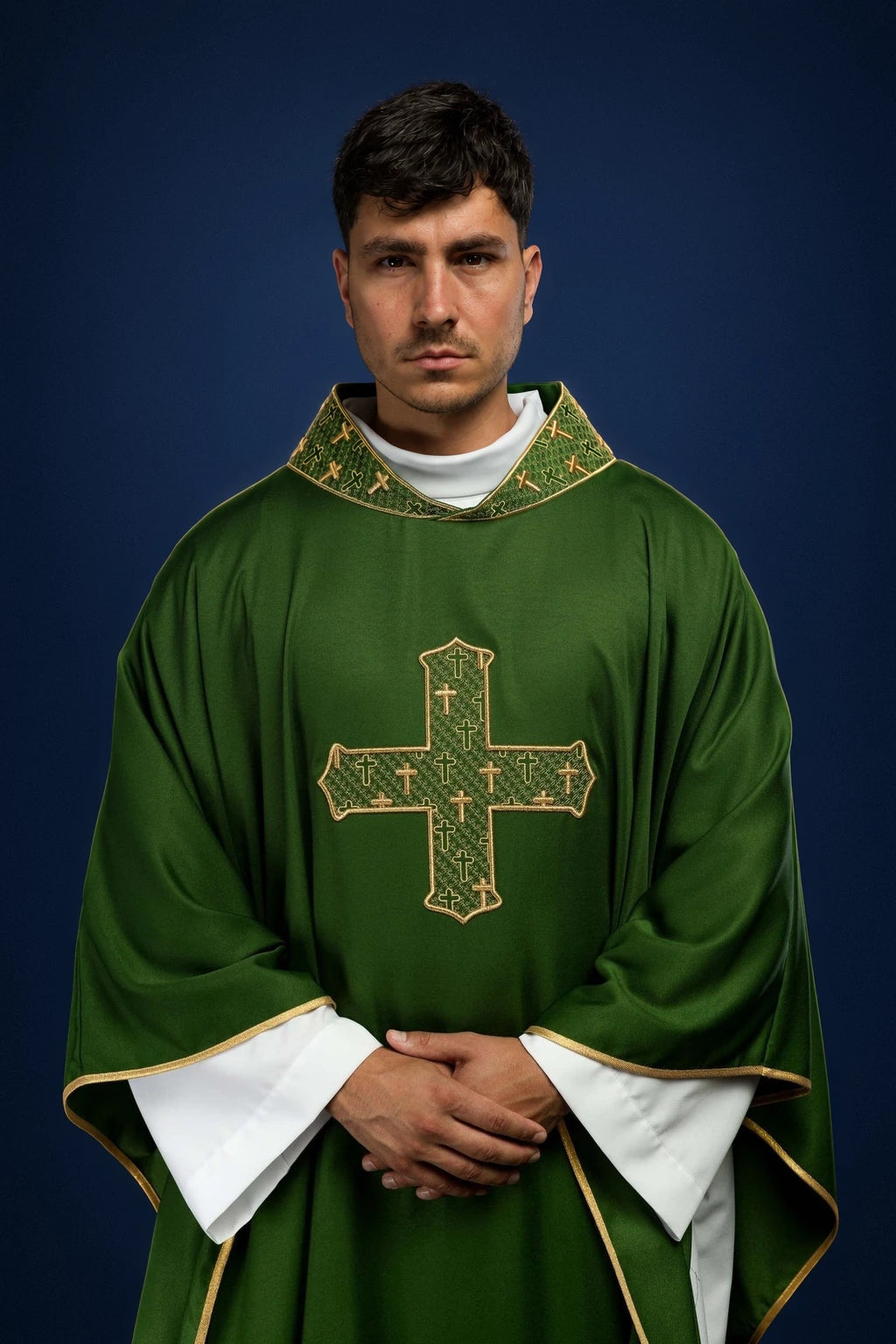 Green Chasuble with Richly Embroidered Cross and Green Collar, front view