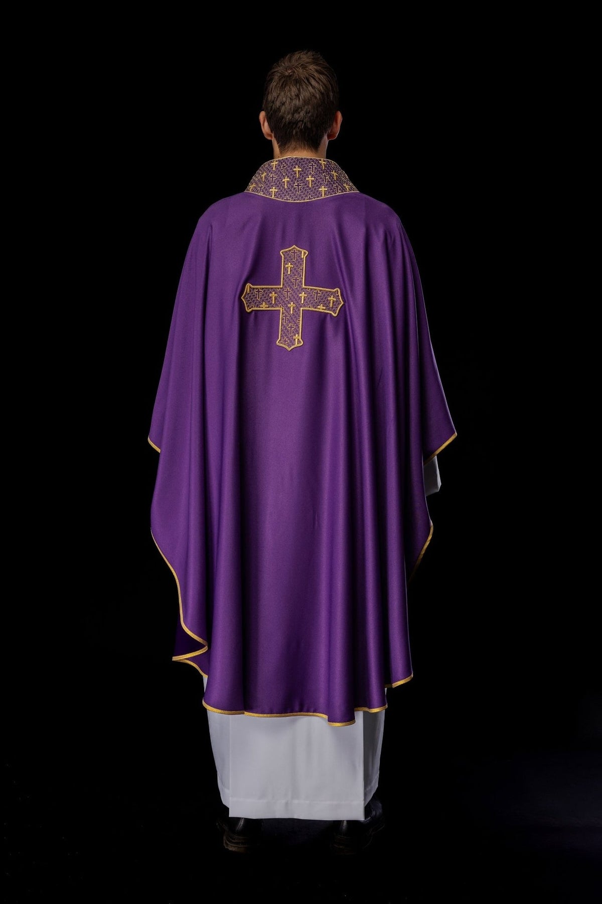 Purple chasuble full back view with gold cross and embroidered collar