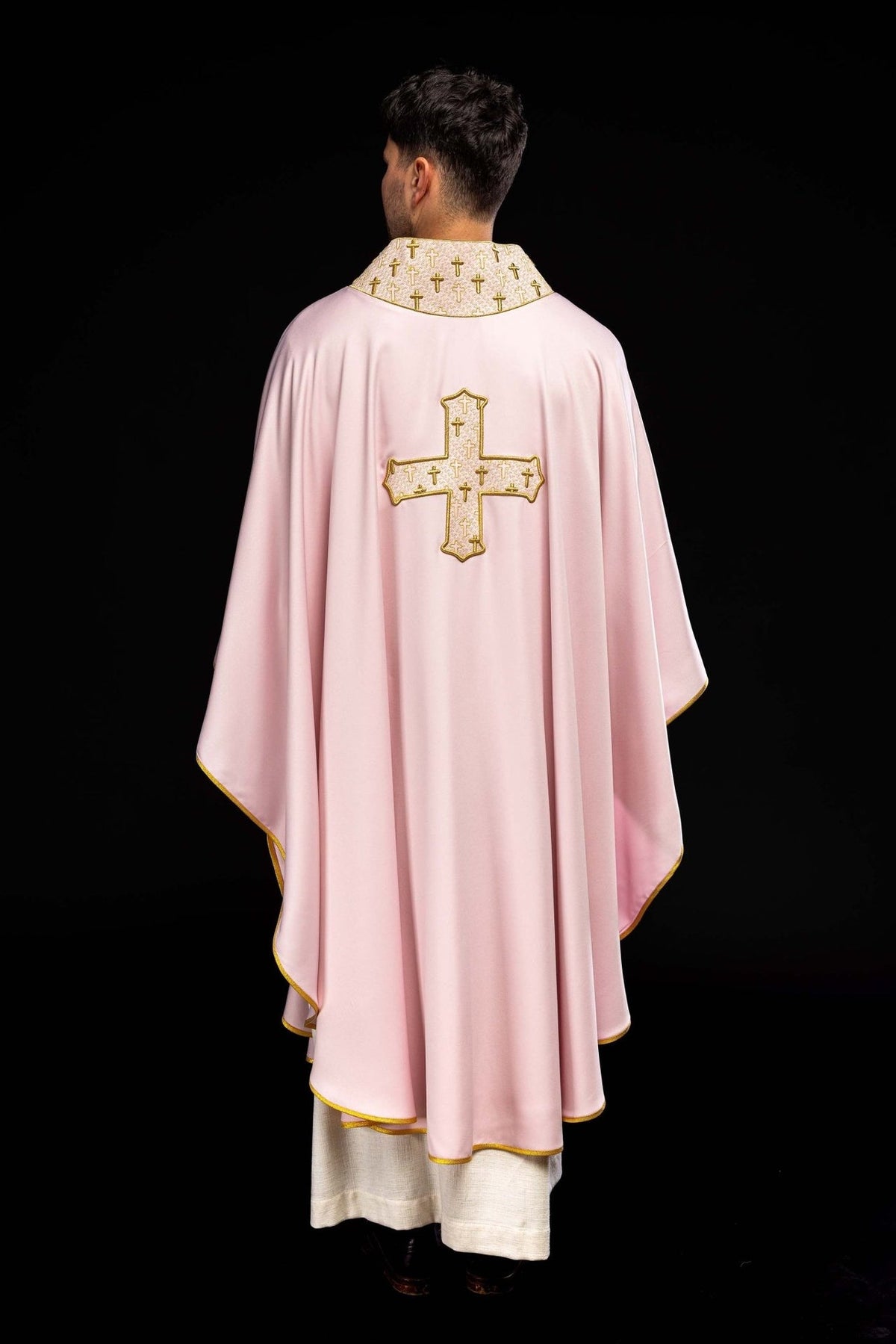 Rose chasuble back view with gold embroidery and large cross