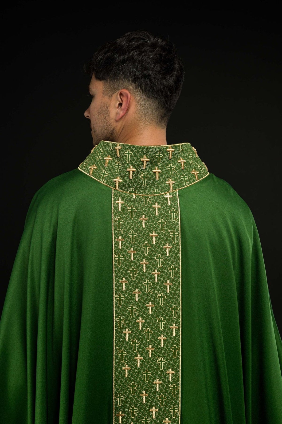 Green chasuble, back view with gold cross orphrey and embroidered collar