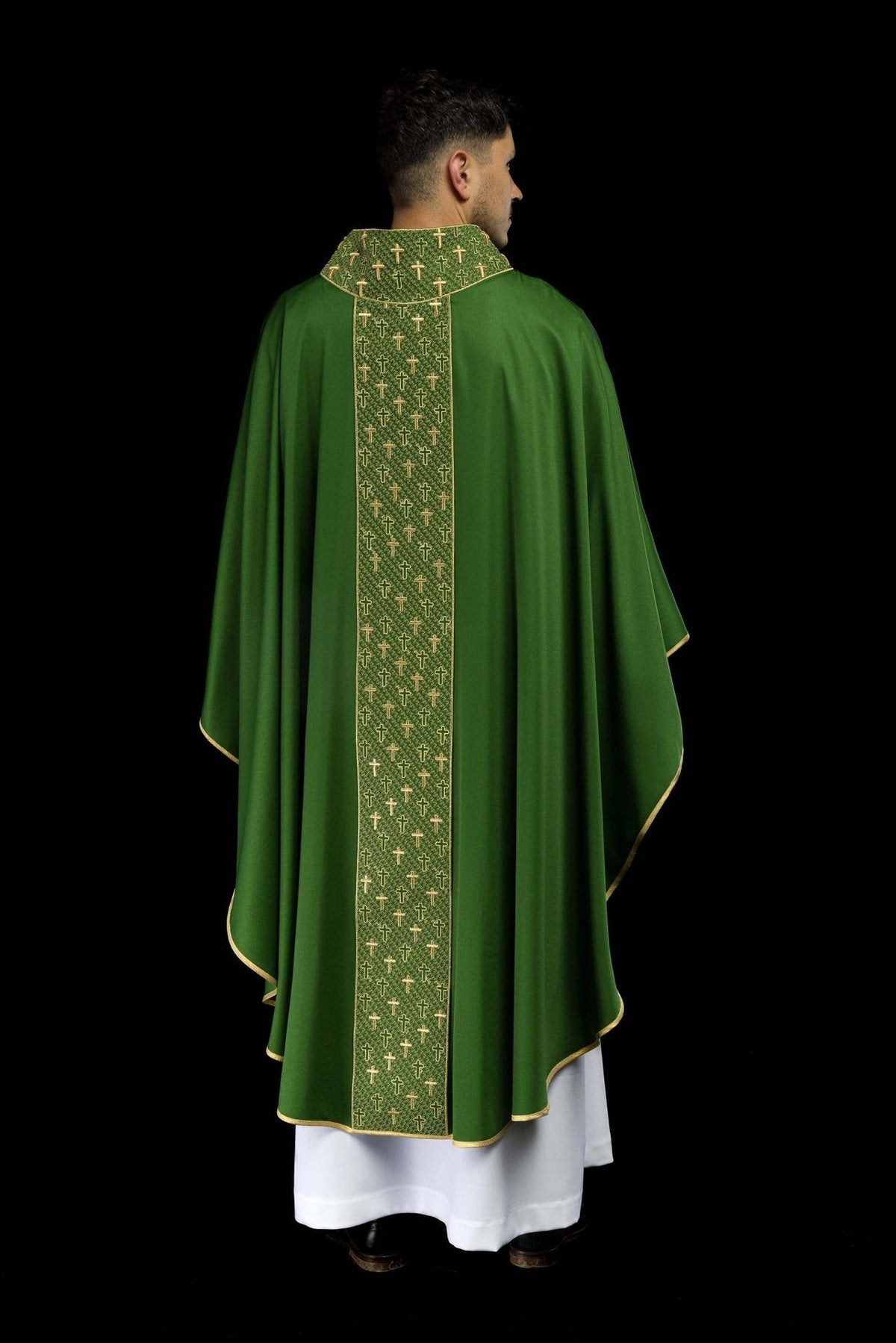 Green chasuble, full back view with long embroidered cross orphrey