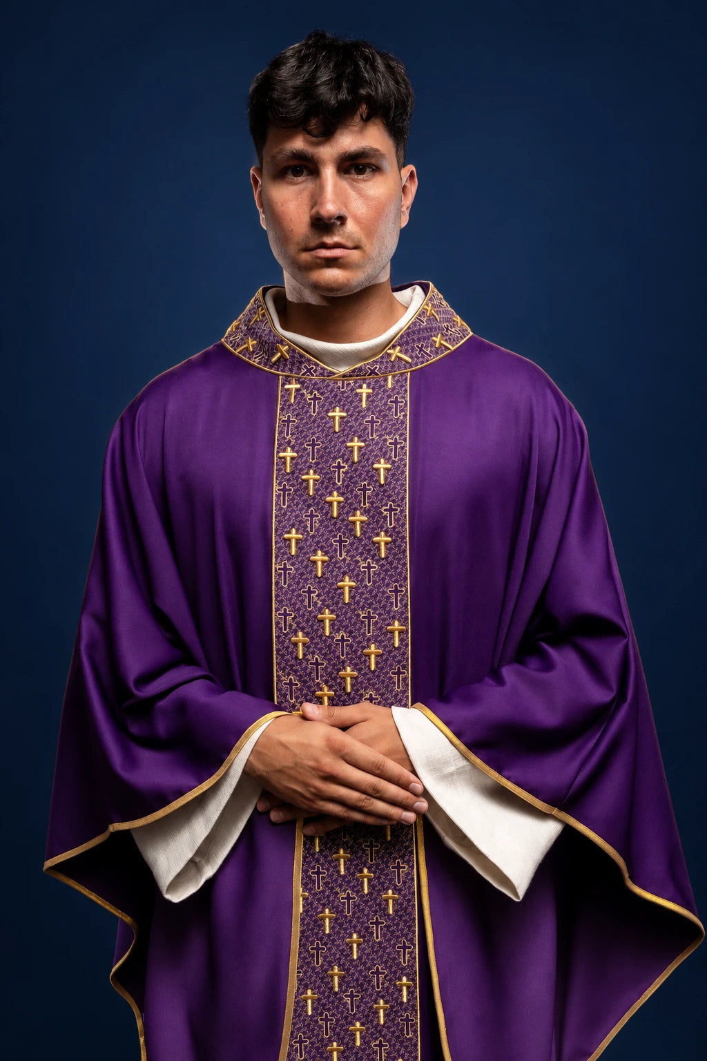 Purple Chasuble with a Richly Embroidered Orphrey Featuring Crosses, front view