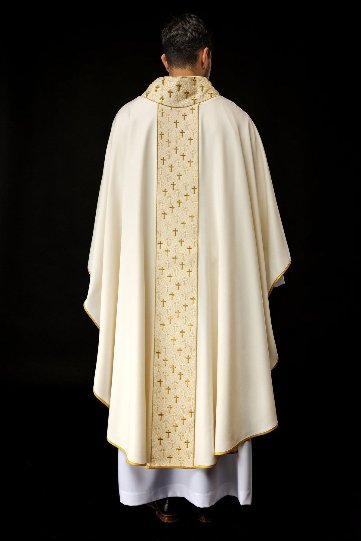 Ecru chasuble, full back view with embroidered cross orphrey