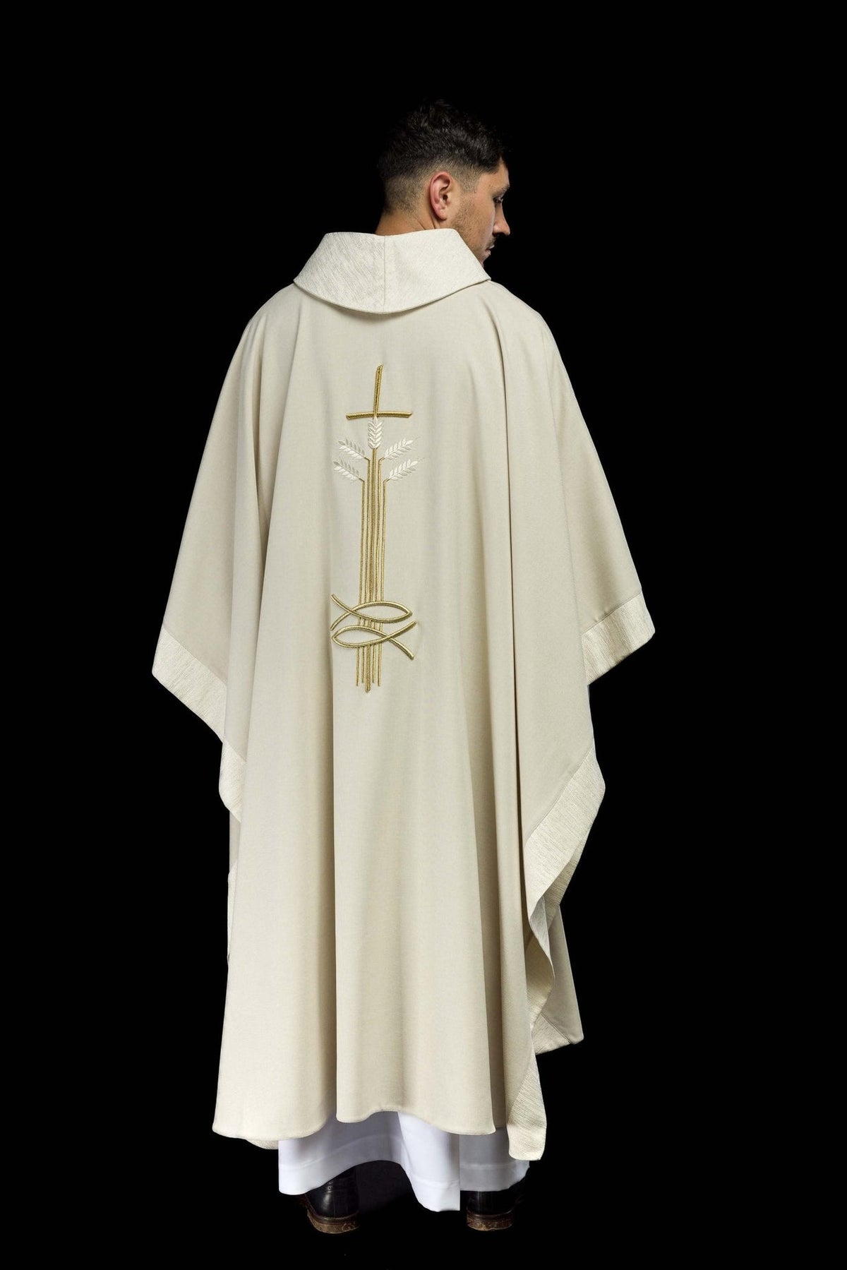 Ecru chasuble full back view with stand-up collar and fish motif