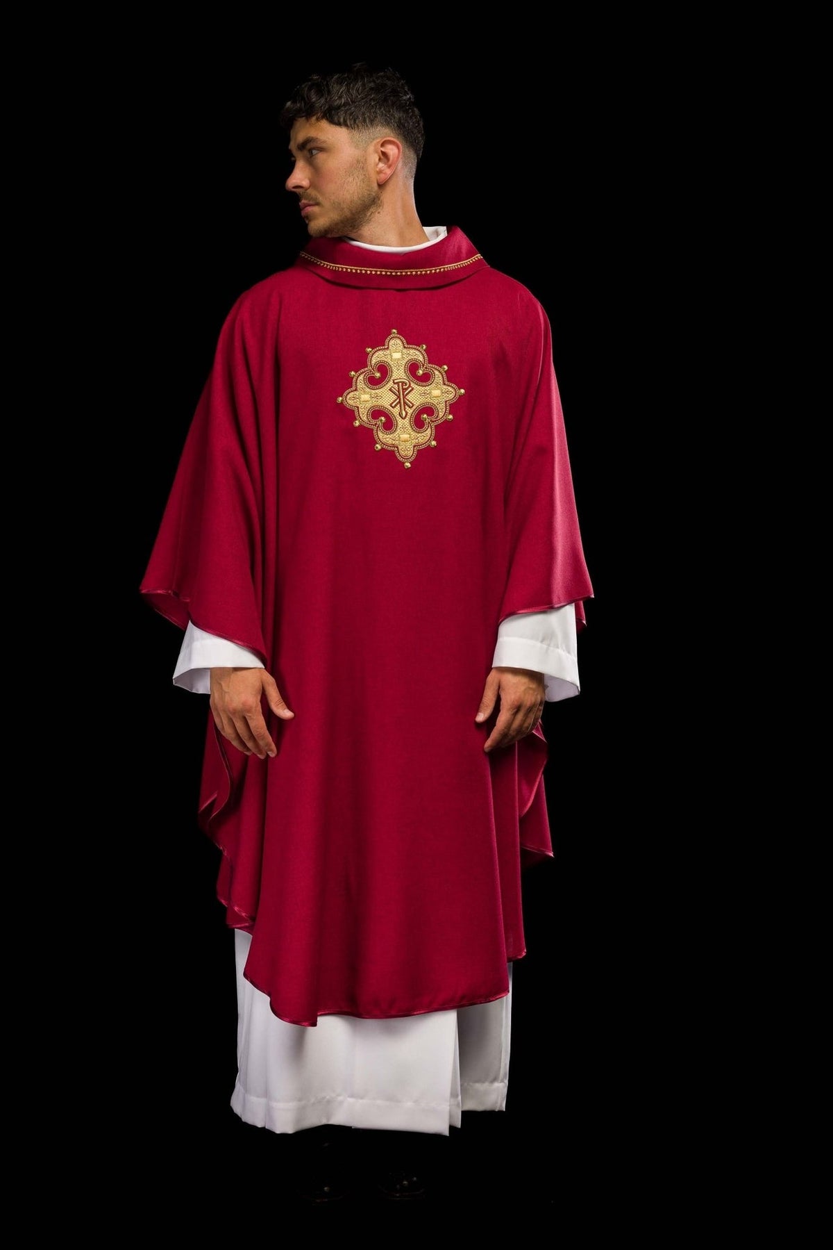 Red chasuble front view with embroidered cross and gold collar trim