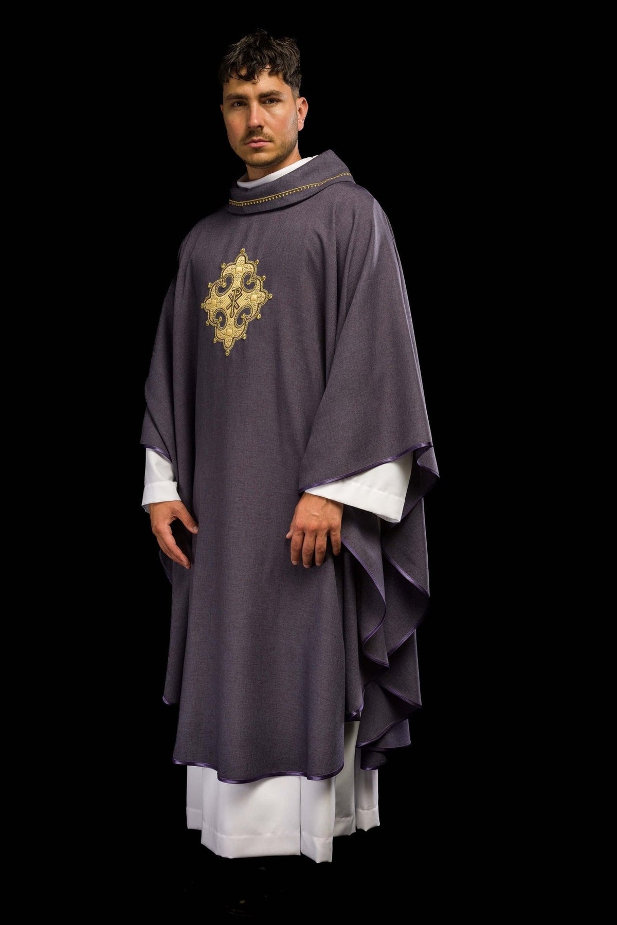 Purple chasuble front view with gold embroidered cross and collar trim
