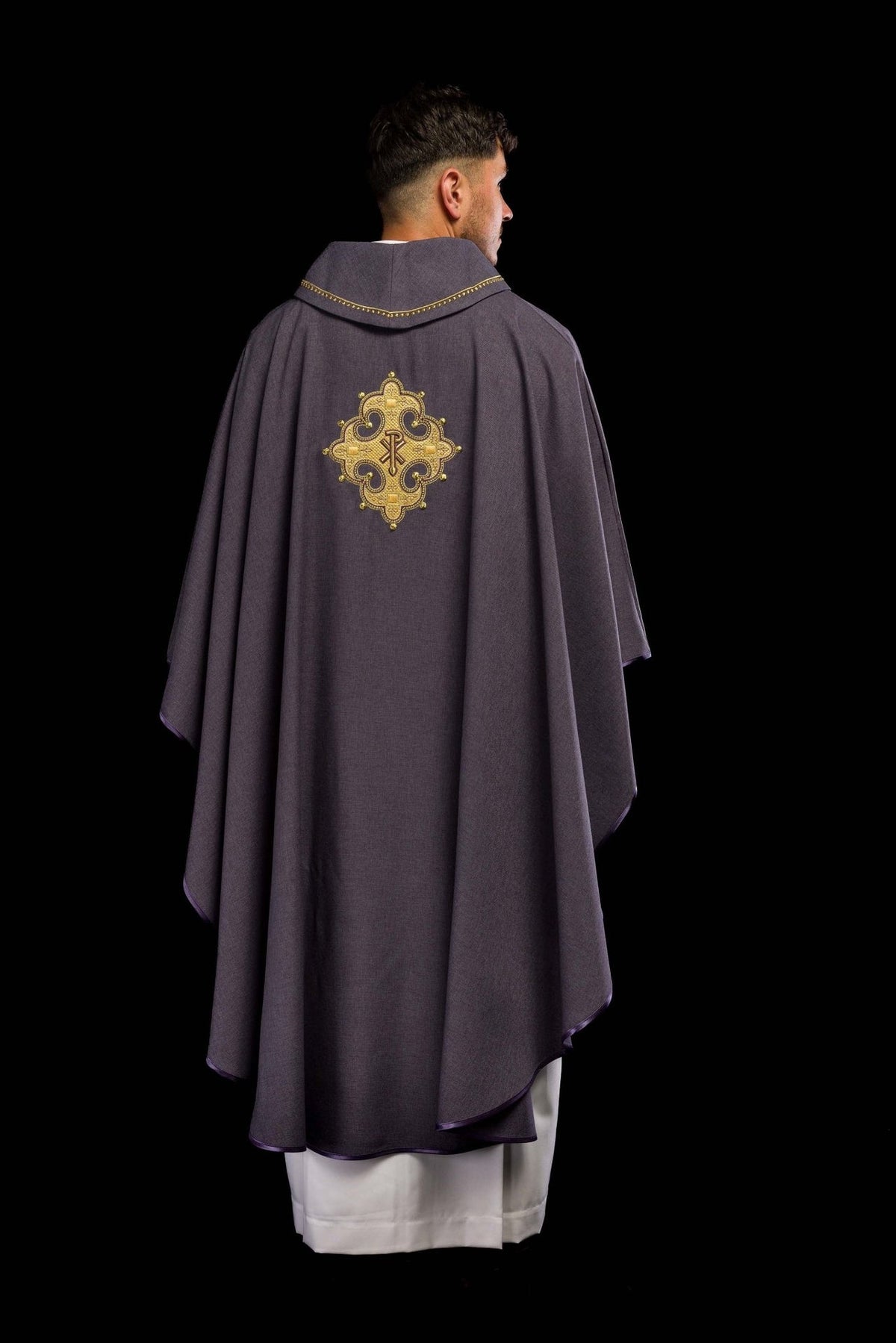 Purple chasuble full back view with cross and collar trim