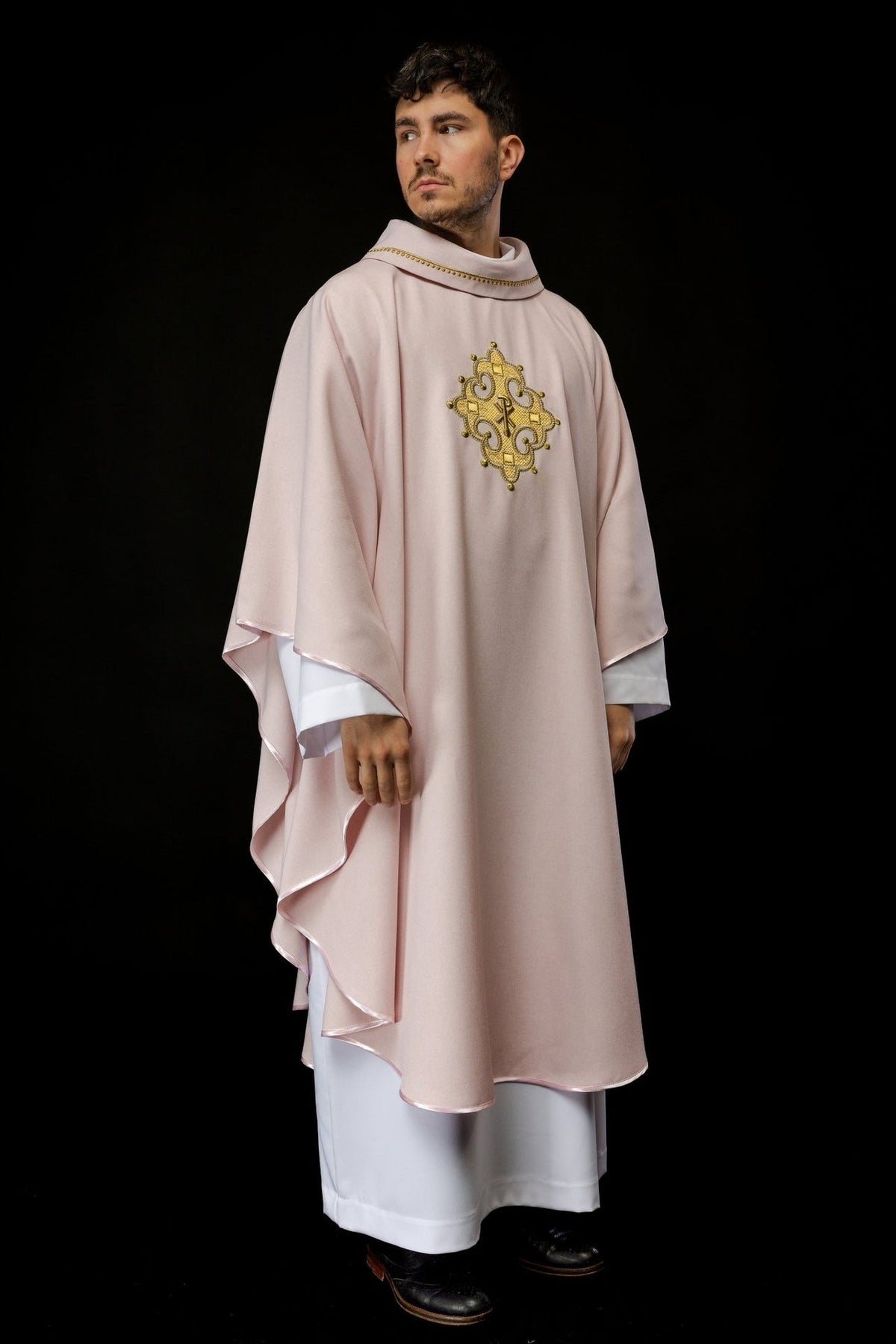 Rose chasuble front view with ornate gold embroidered cross and gold collar trim