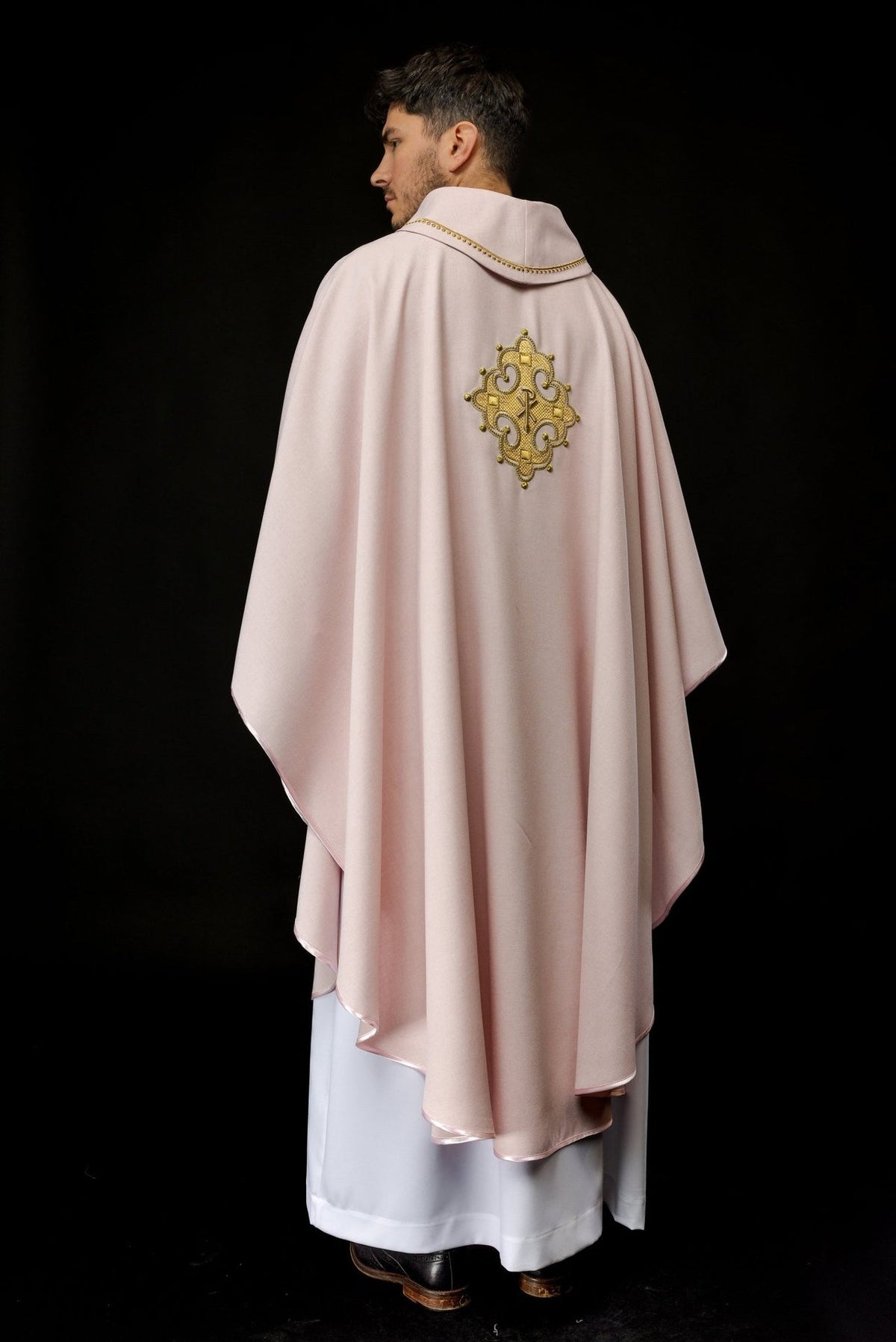 Rose chasuble back view with central gold embroidered cross