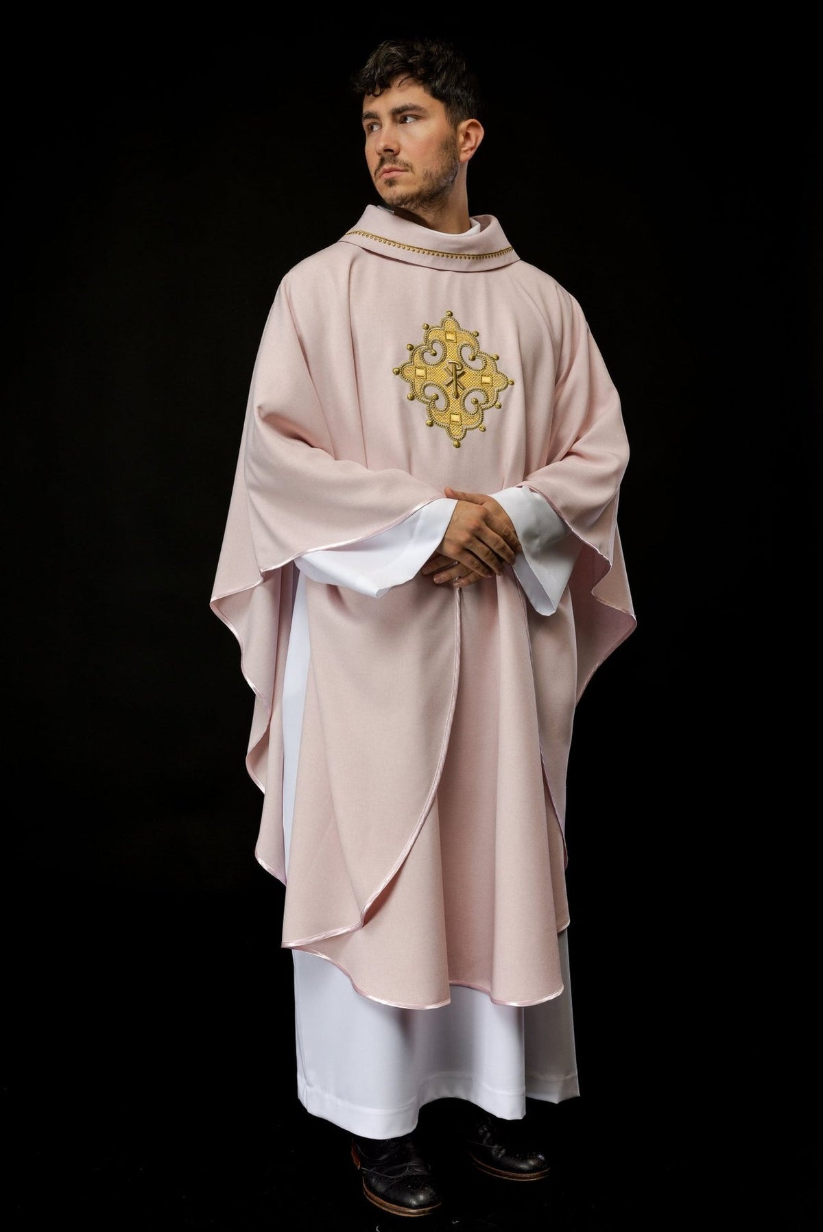Rose chasuble full front view with gold cross embroidery and collar trim