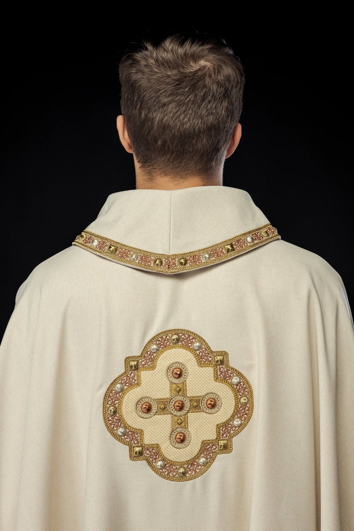Ecru chasuble, back view with gold embroidered cross