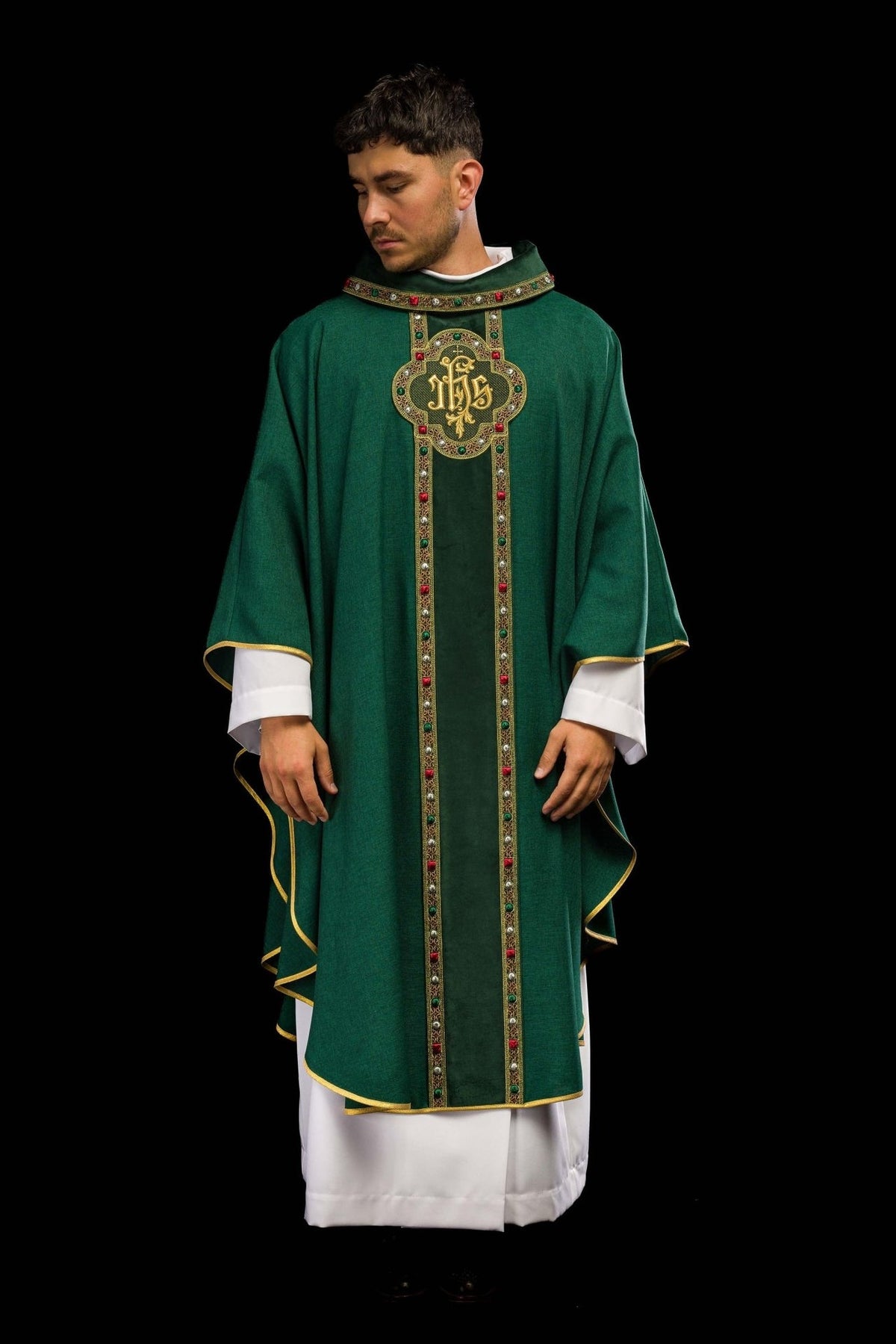 Green chasuble front view with IHS embroidery and jeweled trim