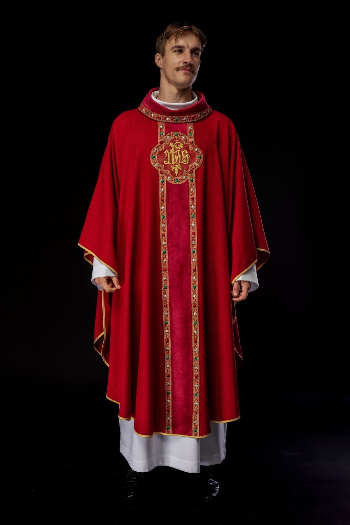 Red chasuble, full front view with embroidered IHS orphrey and gold trim