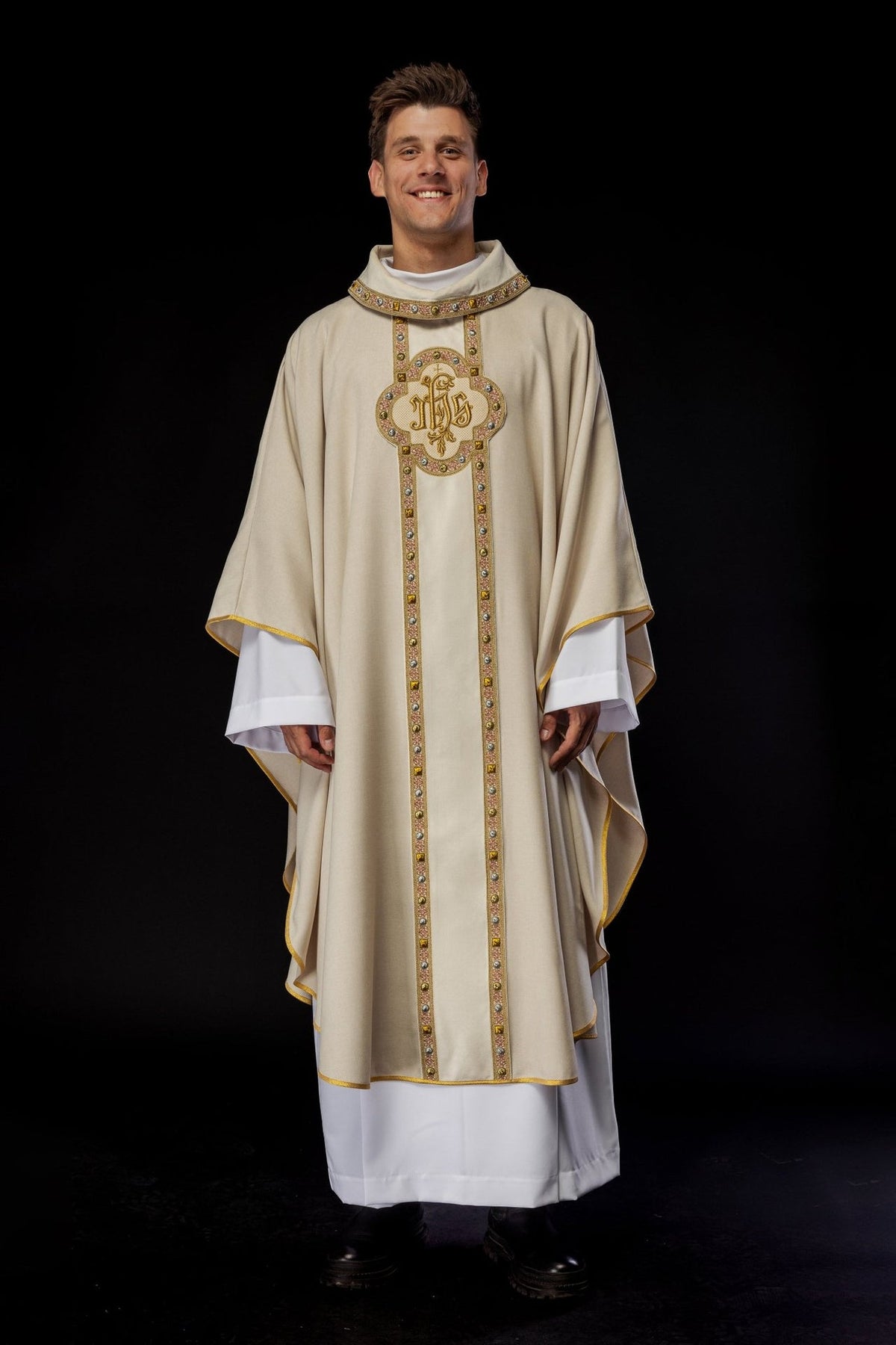 Ecru chasuble with embroidered IHS orphrey, full front view