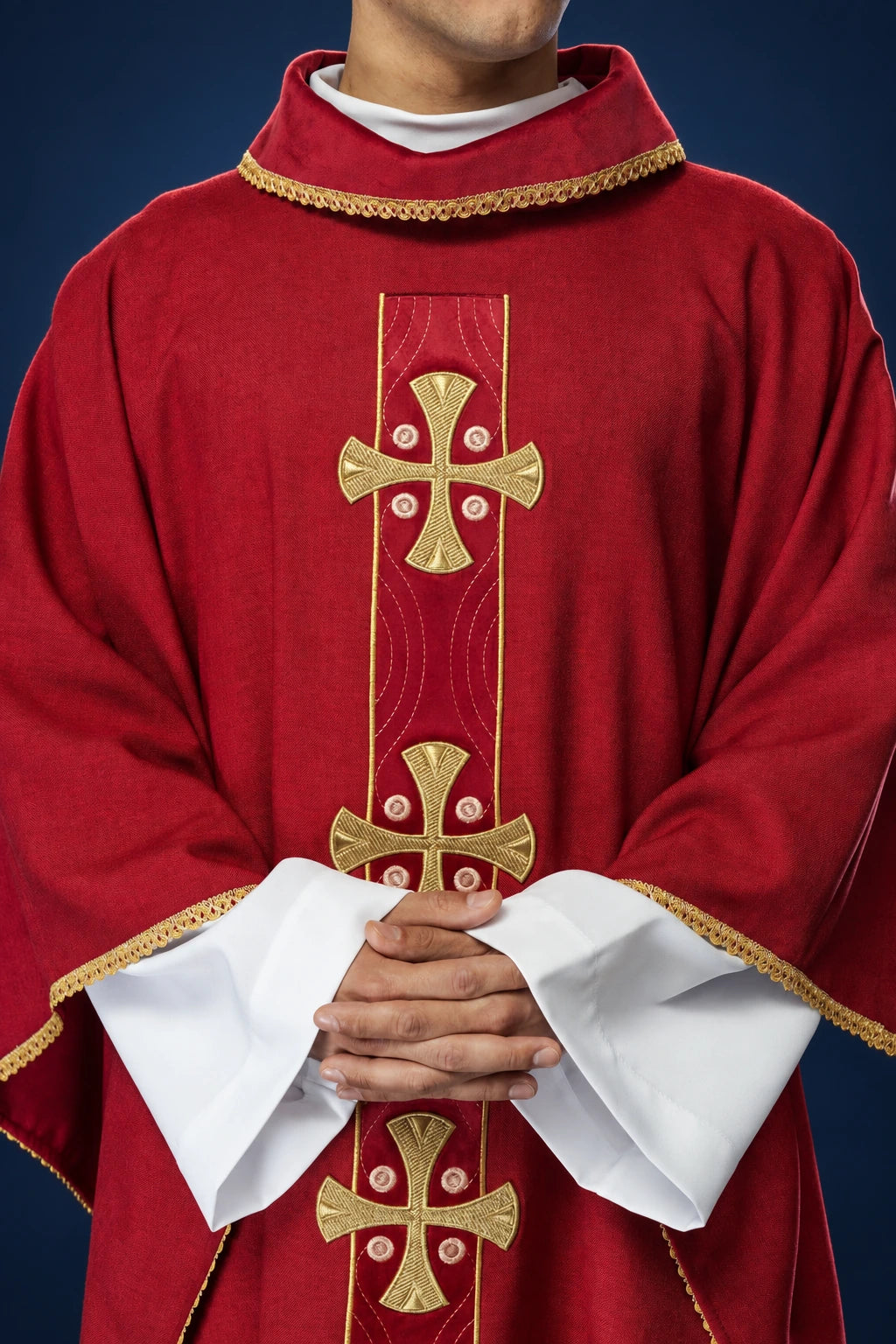 Chasuble with Embroidered Gold Crosses and Red Collar Trim, front close-up