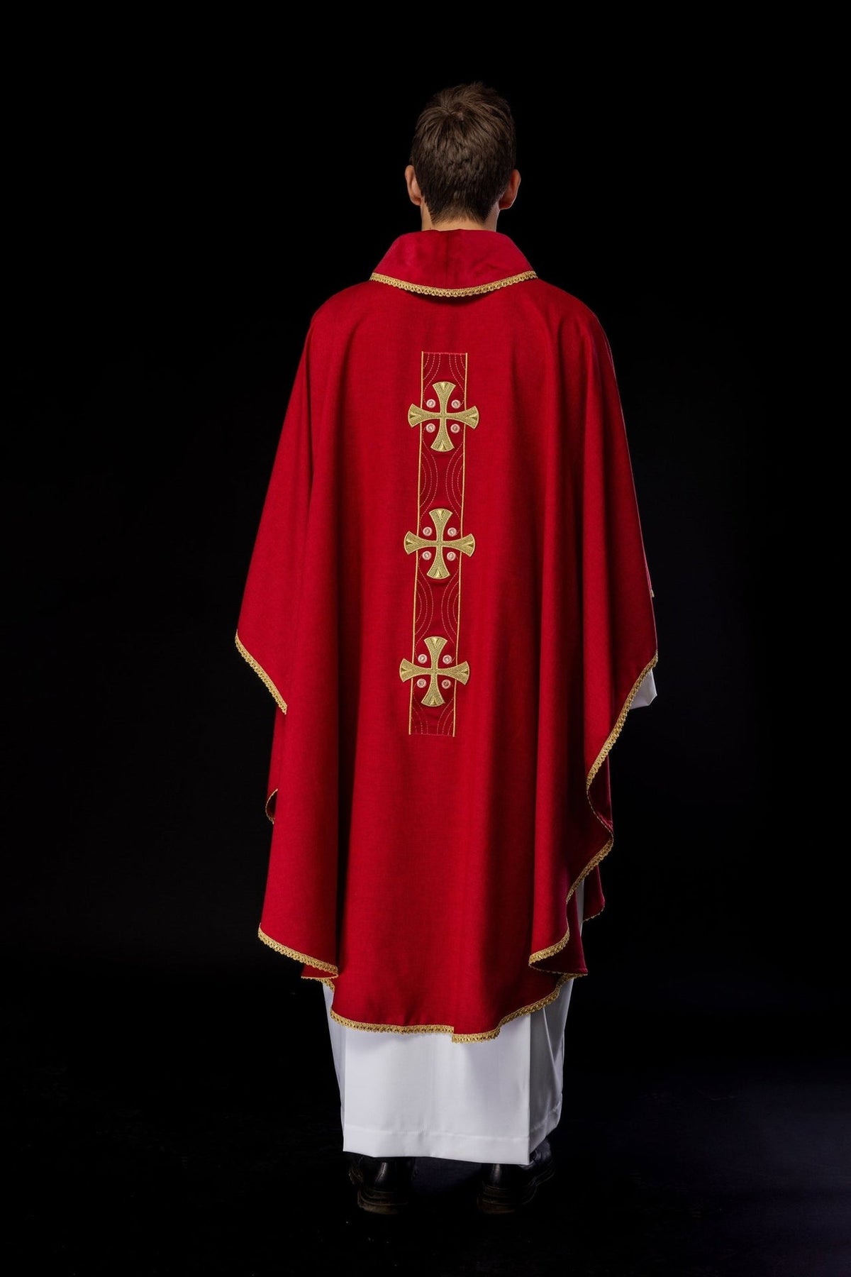 Red chasuble back detail with gold cross embroidery