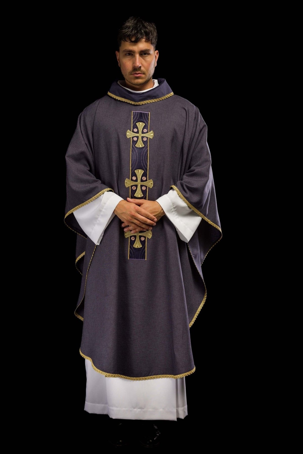 Purple chasuble front view with gold cross embroidery and trim