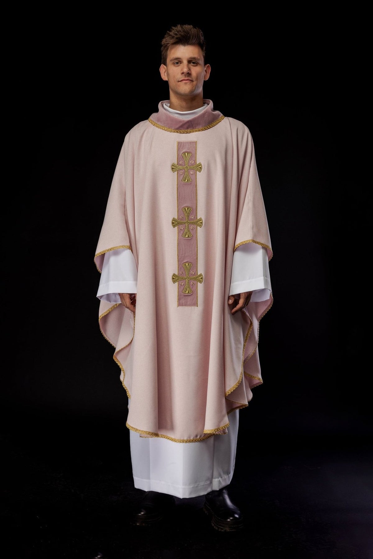 Rose chasuble, full front view with embroidered gold crosses