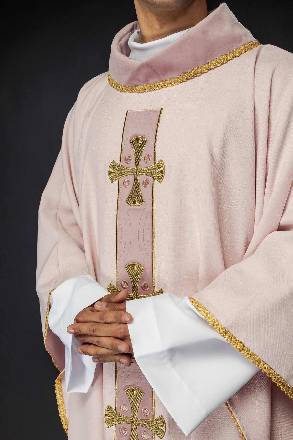 Rose chasuble front close-up with gold cross embroidery and collar trim