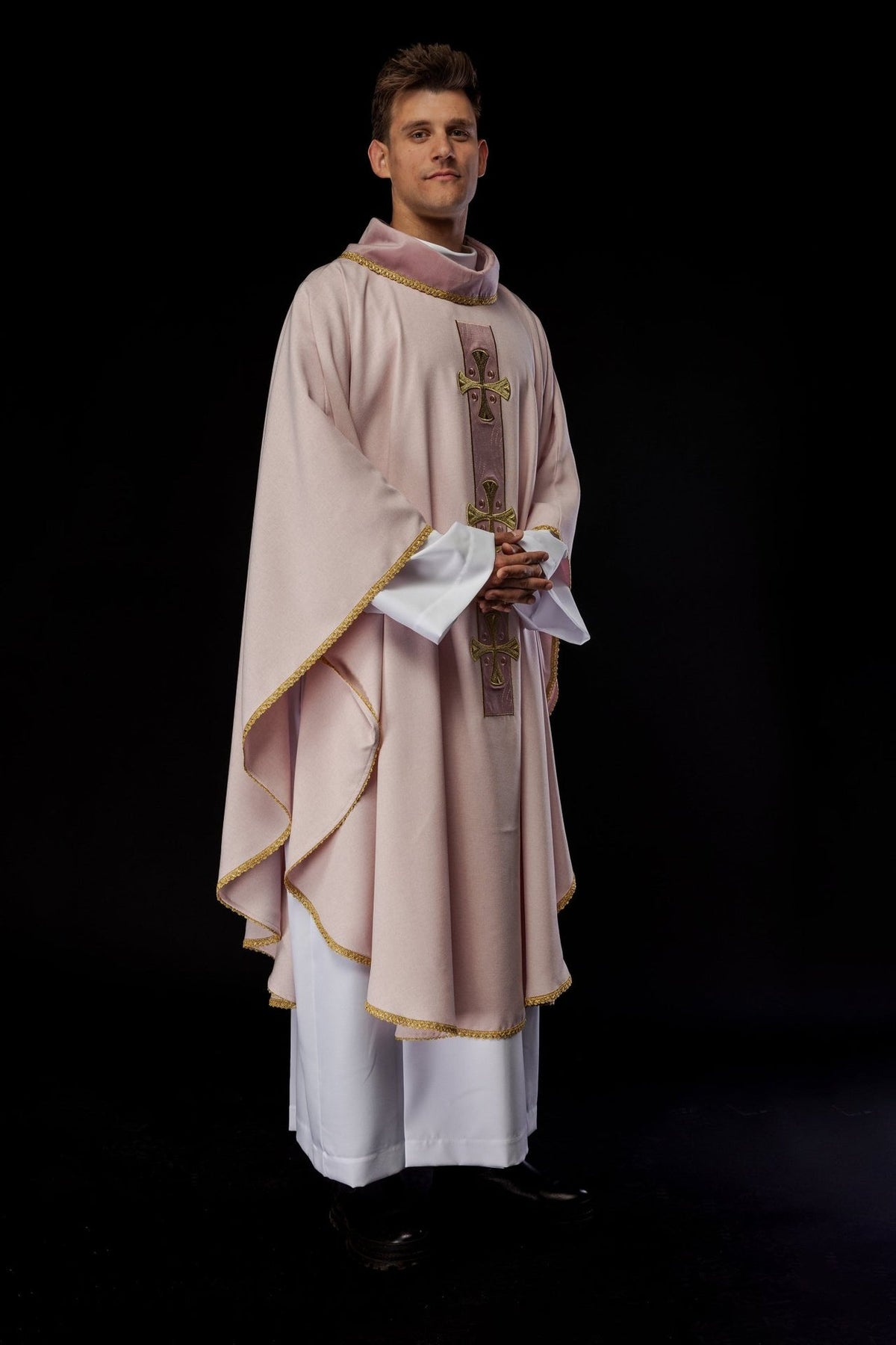 Rose chasuble front three-quarter view with gold trim