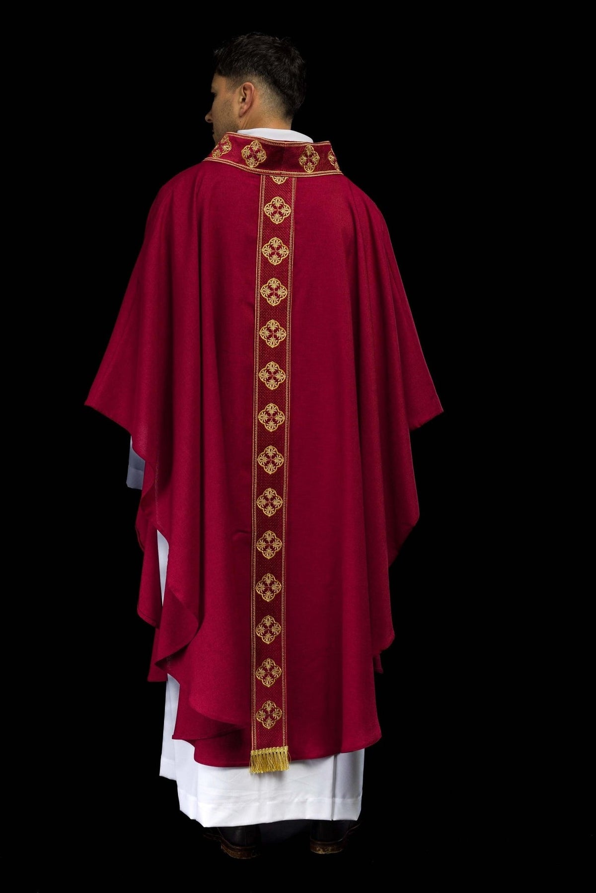 Red chasuble full back view with gold embroidered orphrey