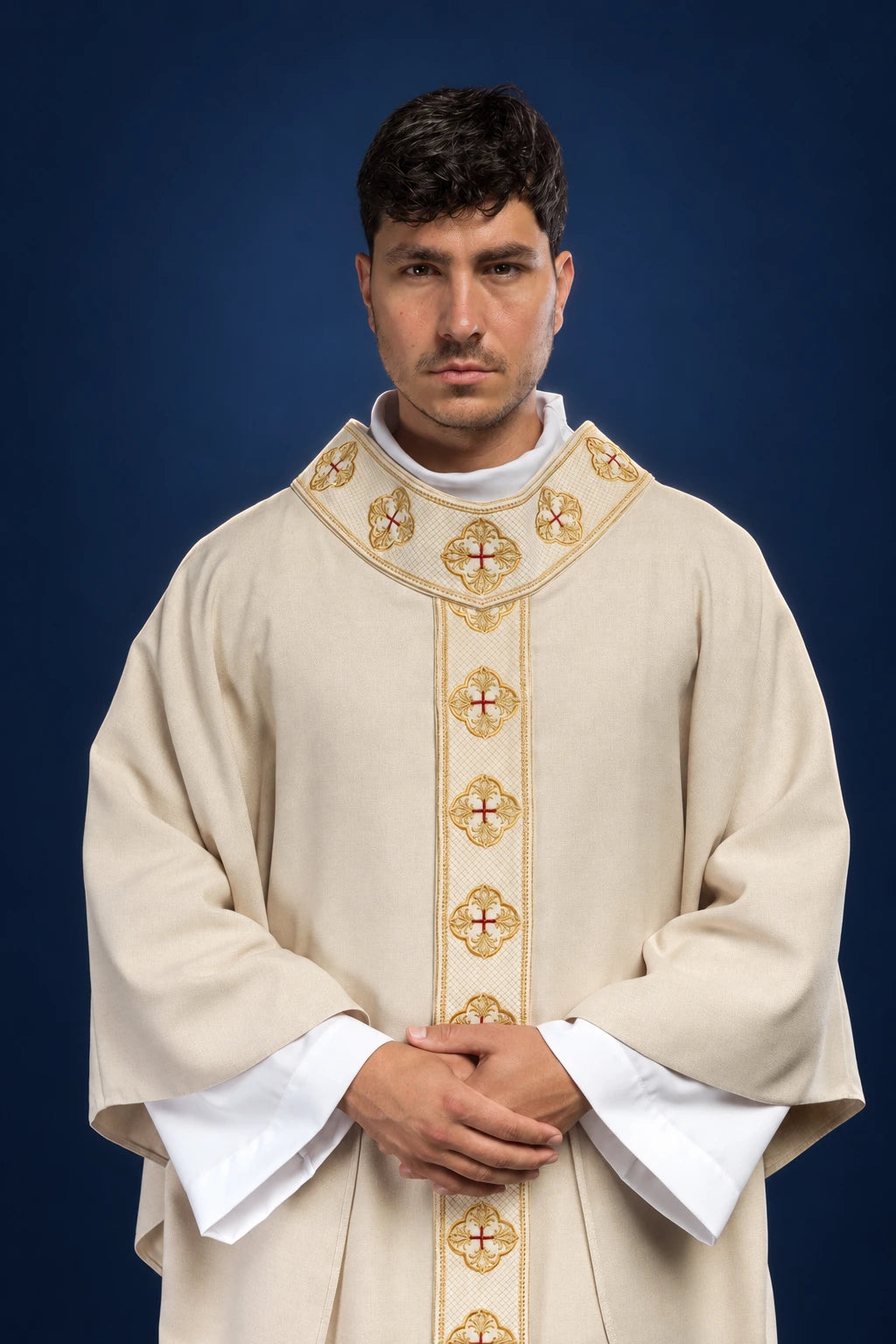 Ecru Catholic Chasuble with Embroidered Orphrey & Collar with Crosses, front view