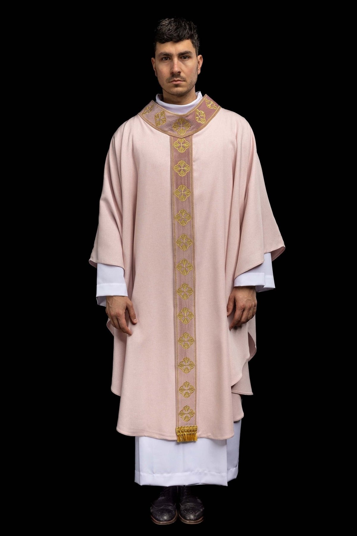 Rose chasuble full front view with gold embroidered orphrey and collar