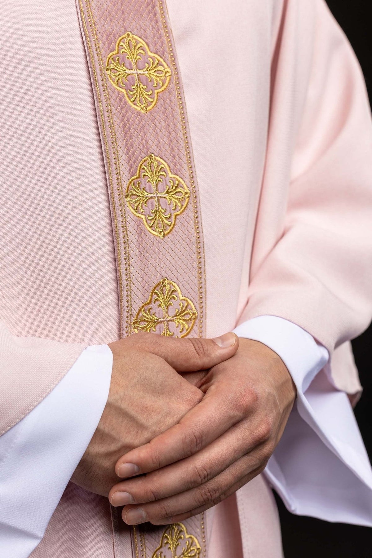 Rose chasuble close-up of rose orphrey and gold embroidery