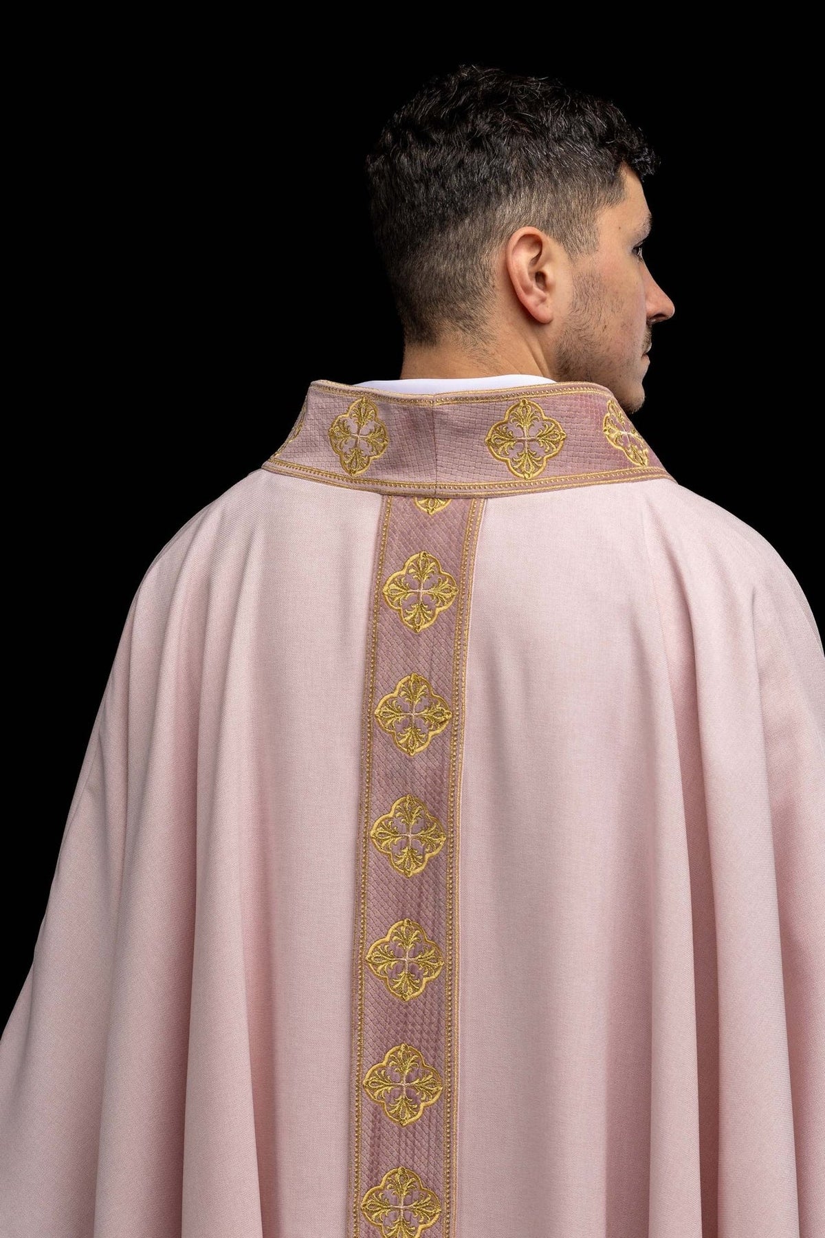 Rose chasuble back view with embroidered orphrey and collar