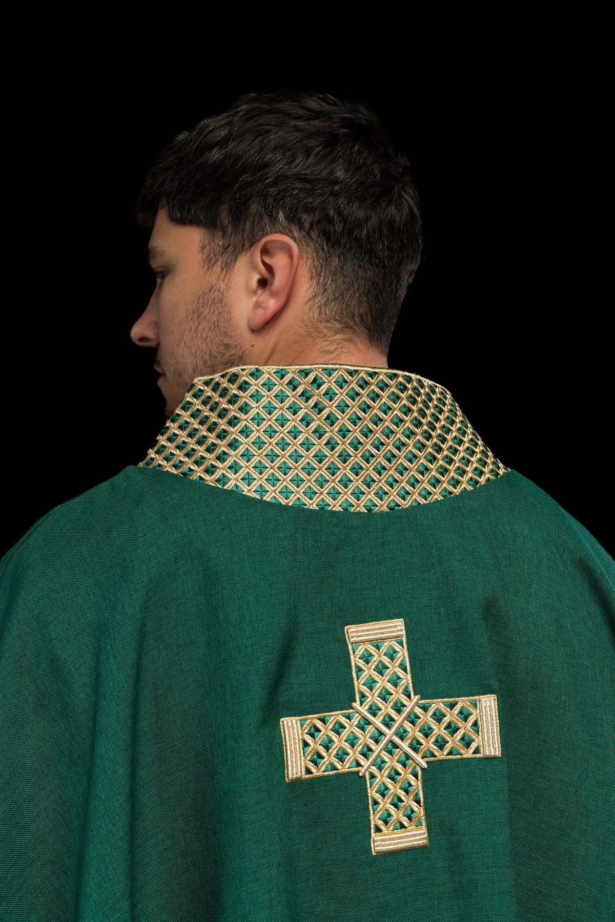 Green chasuble back view with gold embroidered collar and two crosses
