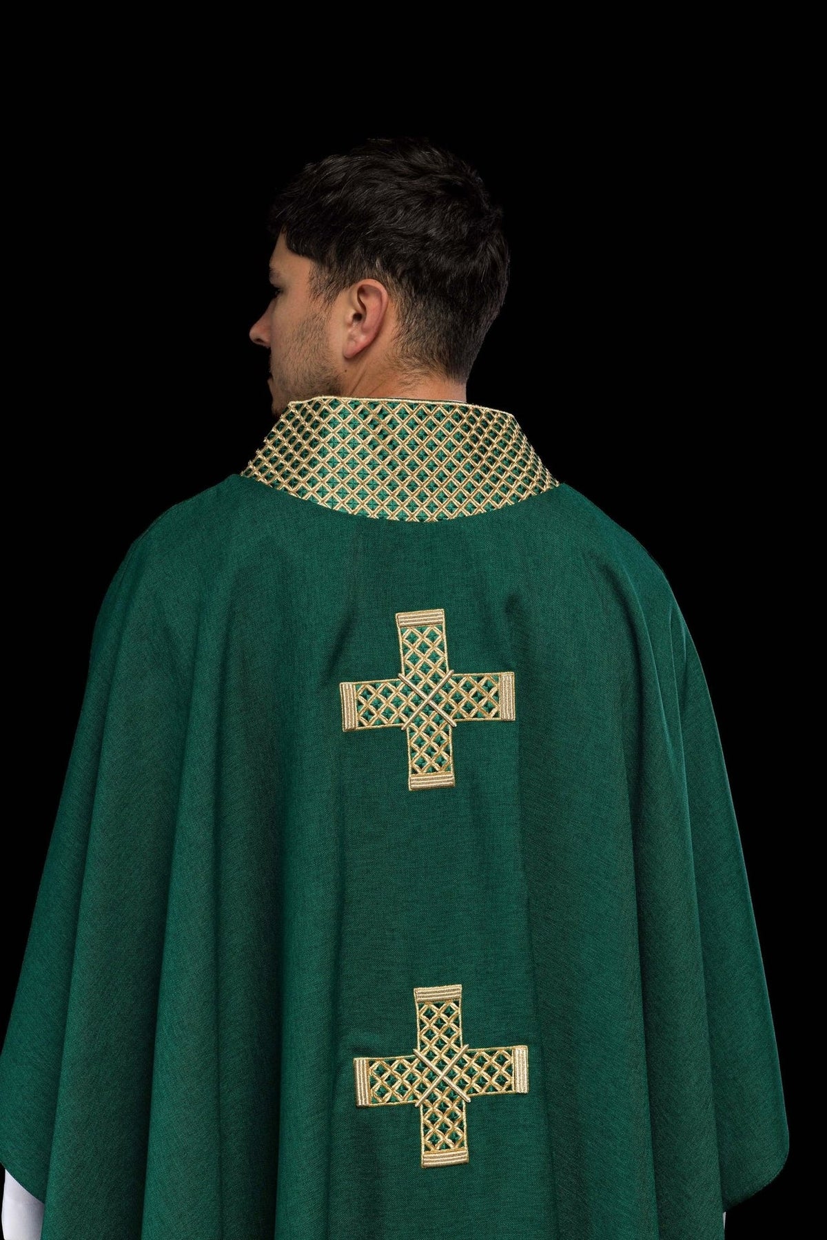 Green chasuble side back view with gold embroidered crosses and collar