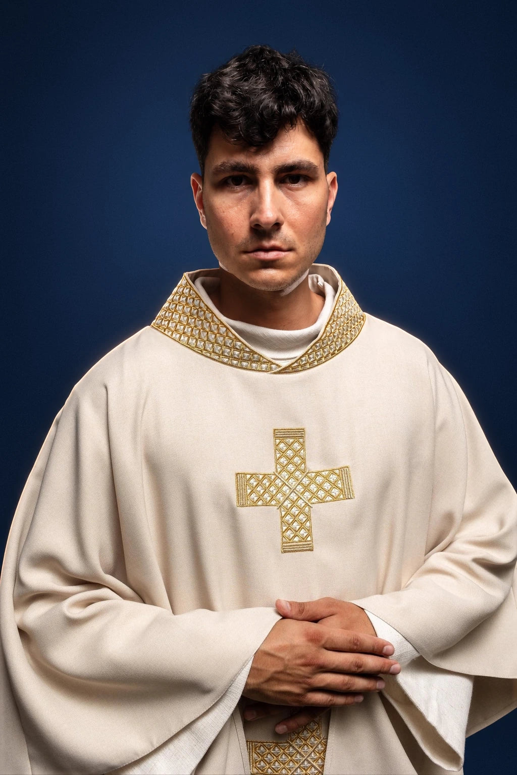 Ecru Chasuble with Embroidered Crosses and Collar, front view with gold embroidery