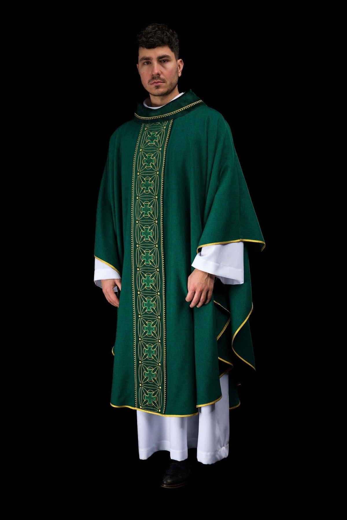 Green chasuble three-quarter front view with embroidered cross orphrey