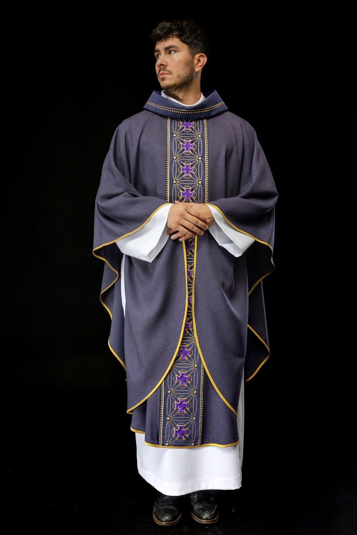 Purple chasuble front view showing full length and embroidered cross orphrey