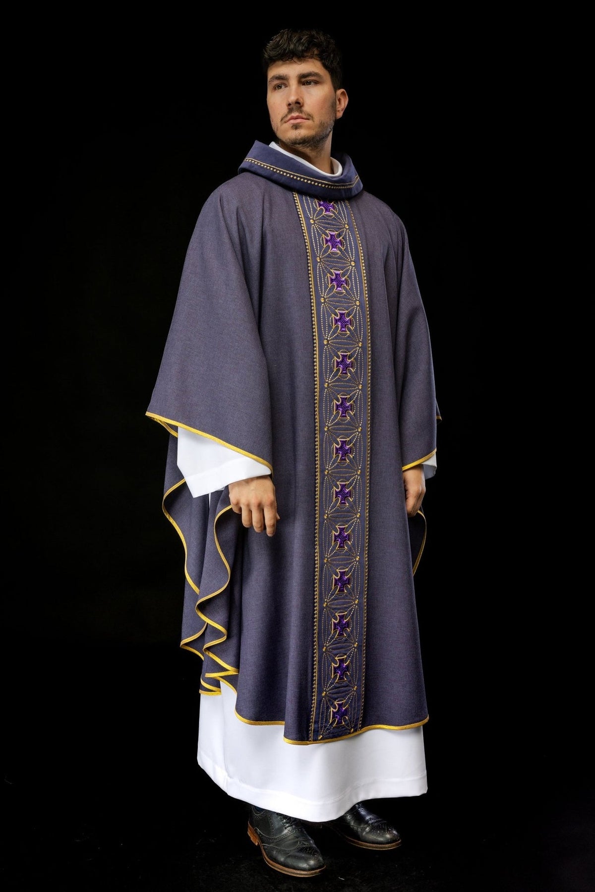 Purple chasuble, full front view with embroidered cross orphrey